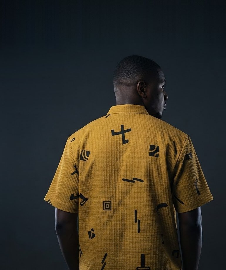 Model seen from behind wearing the ZỤLỊC printed short-sleeve shirt in gold